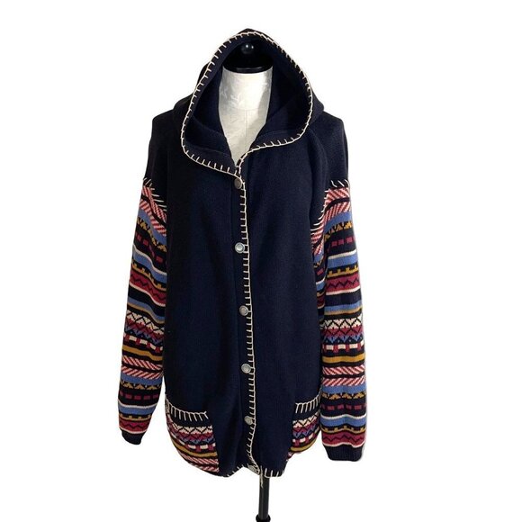 Liz Sport Vintage Womens Cardigan Size Medium Aztec Design Pure Cotton Hooded - Picture 9 of 10